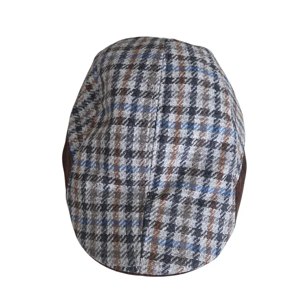 Houndstooth Newsboy Cap Brown Blue‎ Plaid Driving  Hat Ear Flaps Made In Italy